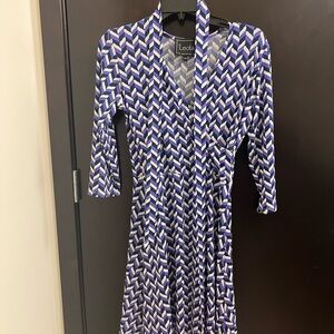 Leota Purple and White 3/4 Sleeve Faux Wrap Dress- PM